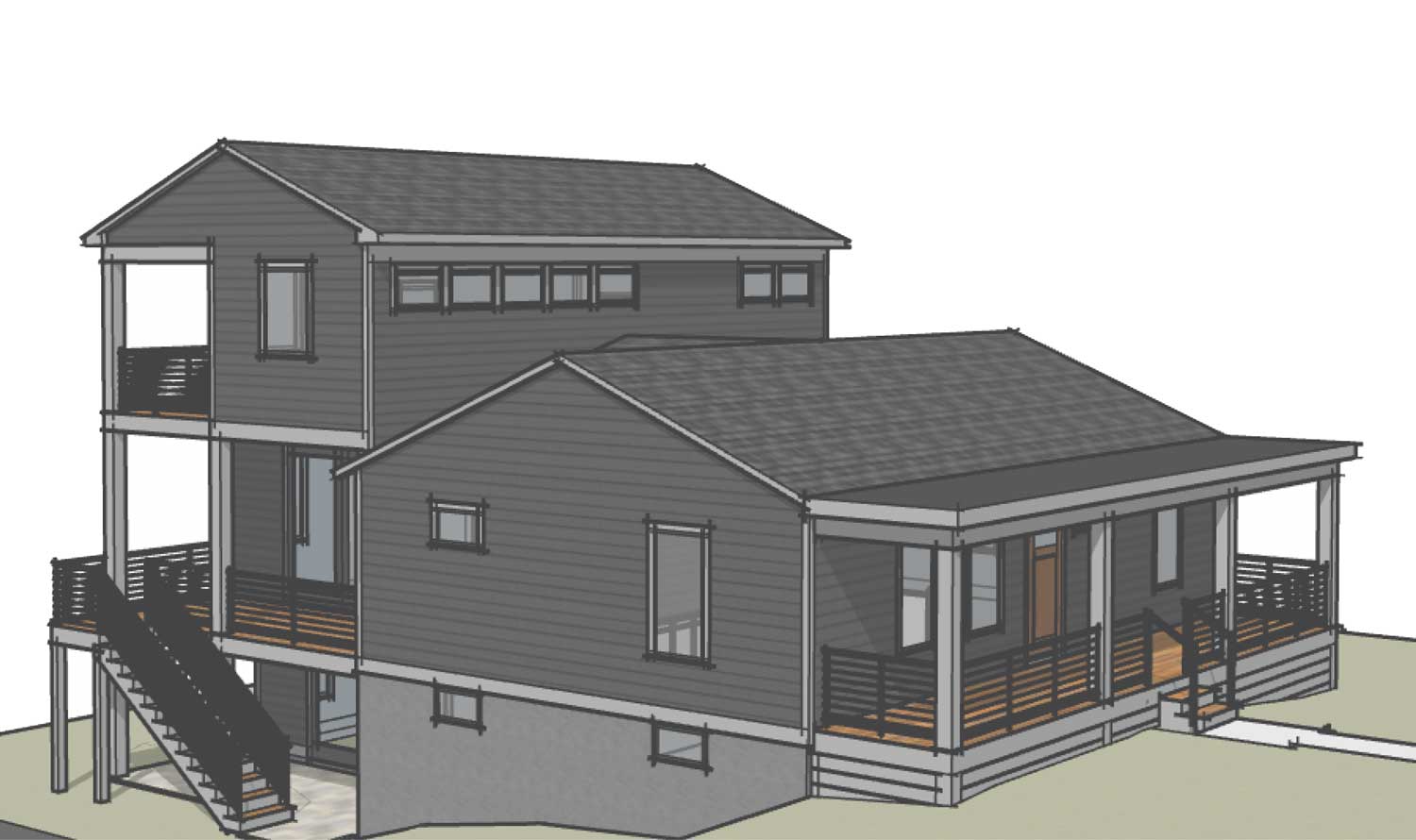 Illustration of the Retro Rambler from the side. A 3-level rear addition (approx 1500sf).